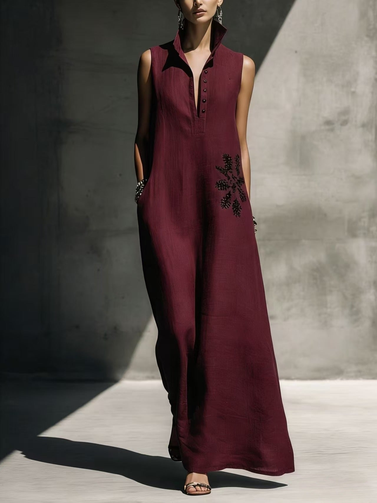 Heat-transfer Graphic Pocket Casual Mandarin-collar Cotton-linen Dress