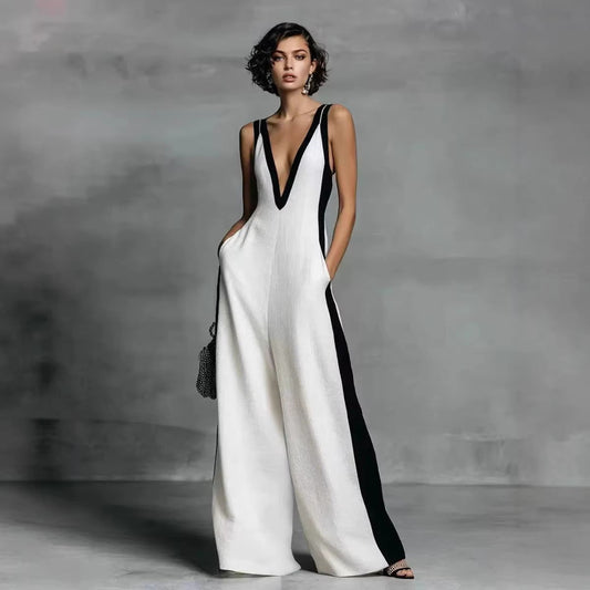 Sleeveless Womens V-Neck Contrasting Color Wide-Leg Jumpsuit