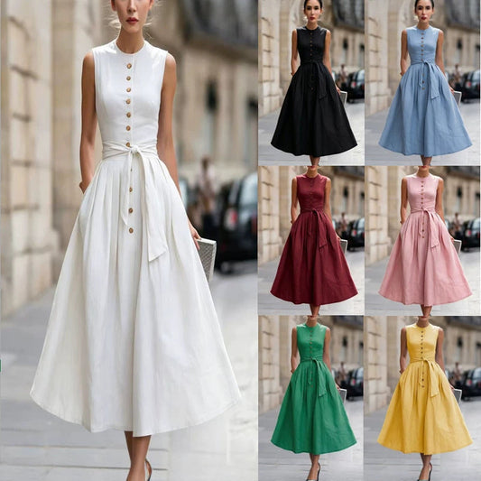 Fitted-waist, Sleeveless Cotton-linen Solid-color Maxi Dress