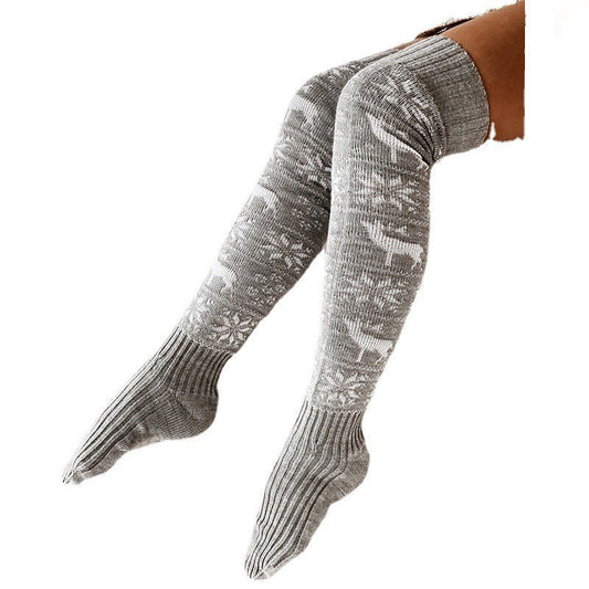 Winter Christmas Warm Knitted Women Stocking Beautiful Elk Snowflake Jacquard Over-the-knee Casual Long Socks For Ladies Gifts Free Size CJ
