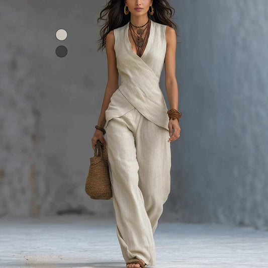 Sleeveless V-neck waist cinched top paired with wide leg pants set