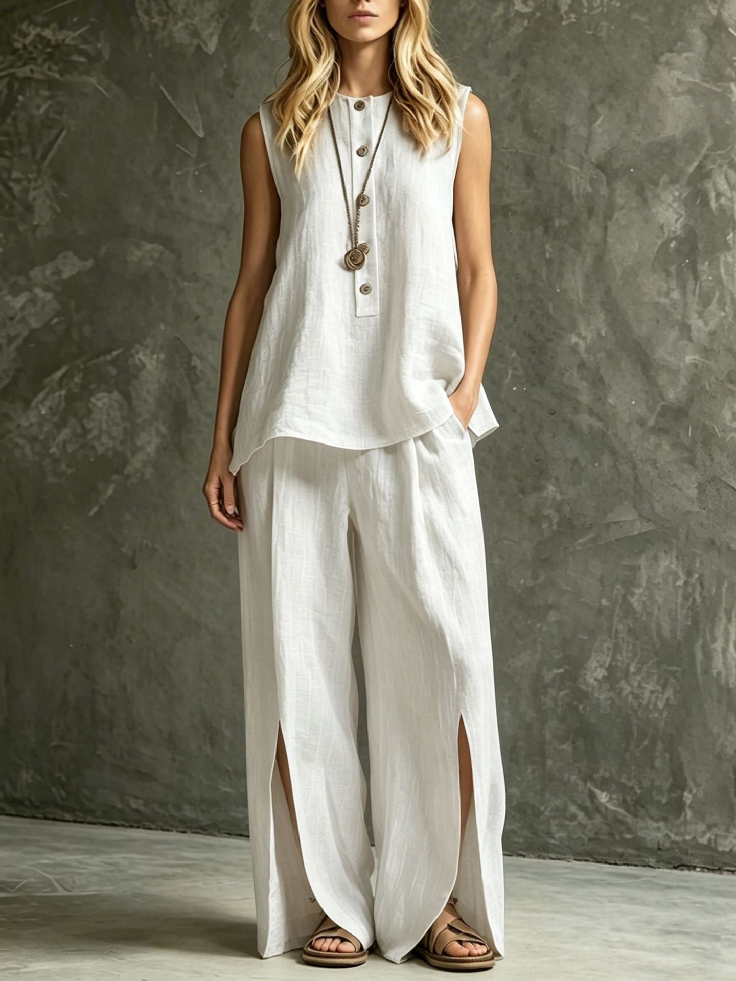 Womens Loose Sleeveless Tank Top And Slit Wide-Leg Pants Set