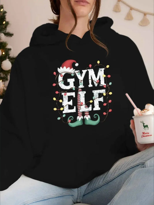 Christmas Gym Elf Graphic Hoodie For Women, Casual Style With Pocket, Non-Stretch Fall Winter Hooded Sweatshirt CJ US