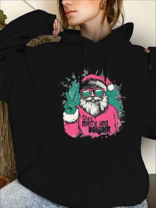 Christmas Santa Claus Print Drawstring Hooded Sweatshirt, Long Sleeves Kangaroo Pocket Casual Hoodie, Women's Clothing CJ US