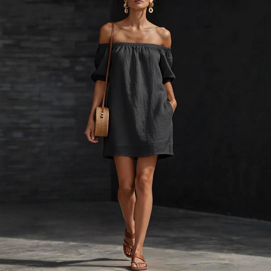 Cotton-linen Womens Off-shoulder Fashionable Loose-fitting Dress