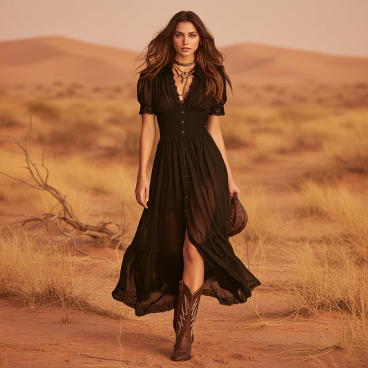 Cropped V-Neck Shirt Dress with Ruffled Hem and Side Slit, Dark Chic Style, Body-Con Fit, Long Skirt