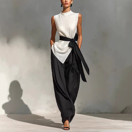 Two piece set of lace up sleeveless top and wide leg pants