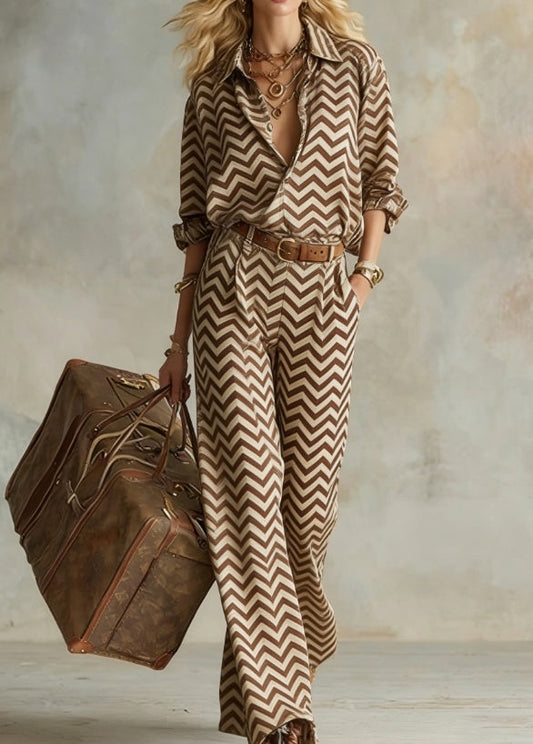 Vertical Striped Collared Loose Long-sleeved Shirt And Wide-leg Pants Suit