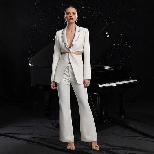 Women's Fashionable, Elegant Hollow-Out Suit Jacket And Pants Set