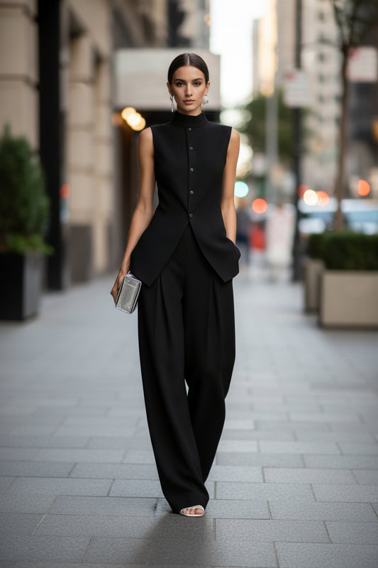 Solid color sleeveless pants set