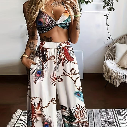 Women’s Feather Print Vacation Pants Set CJ US