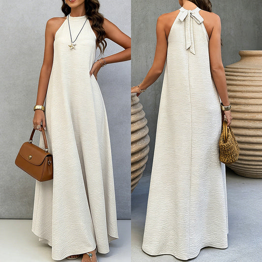 Women Summer Ice Silk Wrinkle Loose Plus Size Sleeveless Solid Color Swing Long Maxi Dress Vacation Style