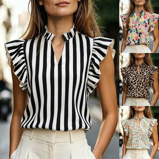 Women's Retro Ruffle-Trimmed Printed Sleeveless Shirt