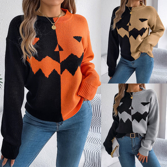 Women’s Spooky Pumpkin Contrast Long-Sleeve Pullover Sweater CJ US