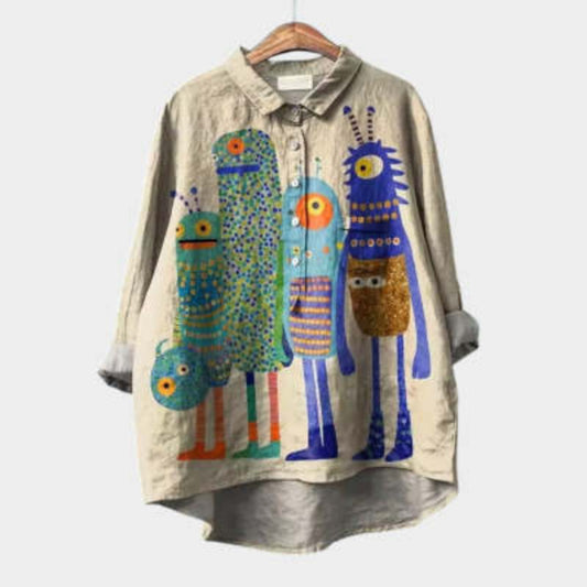 Womens Relaxed-fit Printed Lapel Casual Shirt
