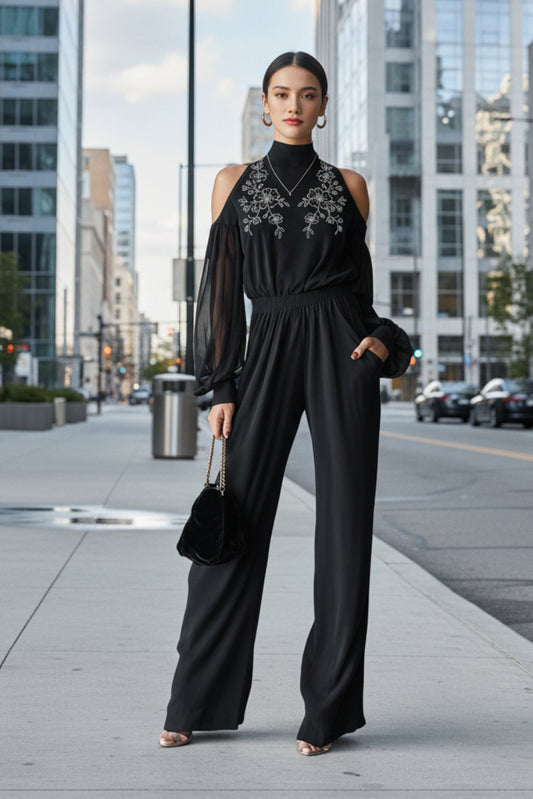Black Embroidered Womens Long-Sleeve Wide-Leg Jumpsuit