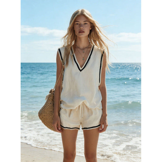 Women's V-neck Vest And Shorts Two-Piece Set