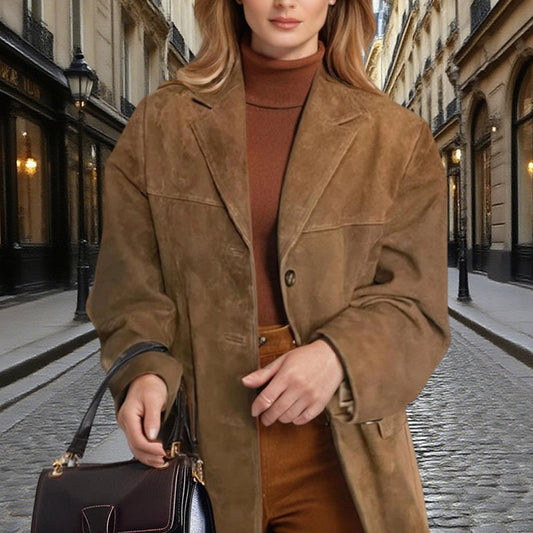 Women's Suede-Look Blazer Jacket, Classic V-Notch Lapel Button Front Coat, Machine Washable Versatile Casual Jacket CJ