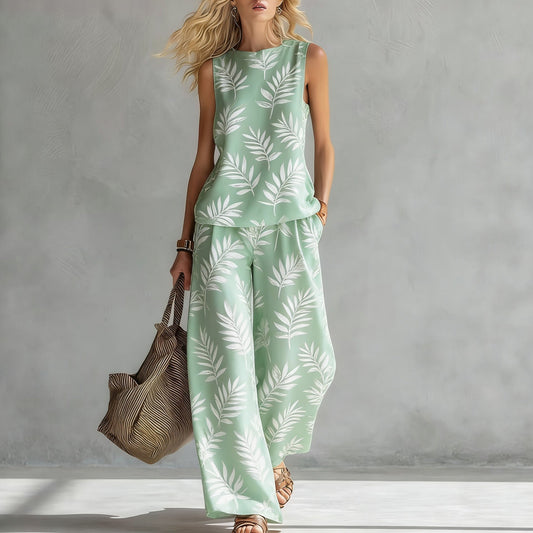 Women's Casual Sleeveless Printed Wide-Leg Pants Two-Piece Set