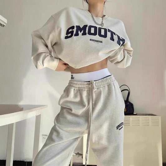 Gray Hoodie And Pants Fashion Running Two-piece Set Trendy