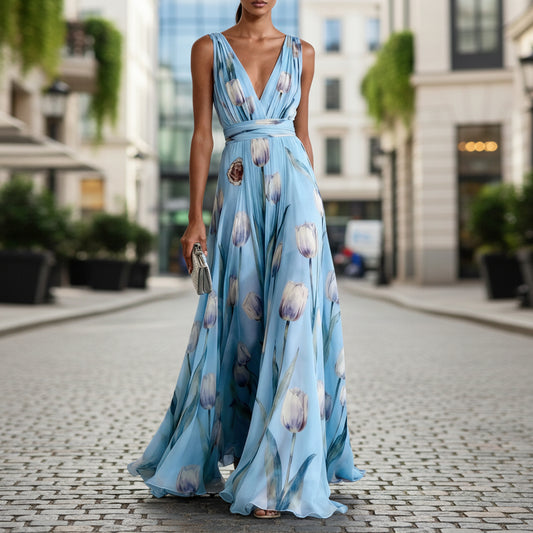 Tulip Print Evening Dress for Women Sleeveless V-Neck Long Dress