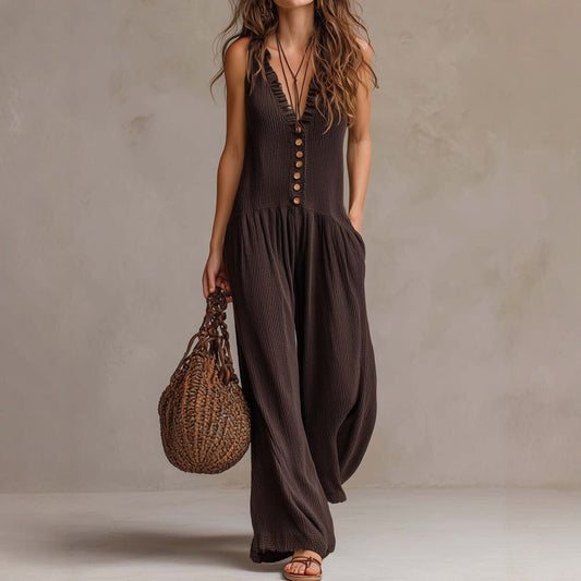 Women's Loose V-Neck Sleeveless Wide-Leg Jumpsuit