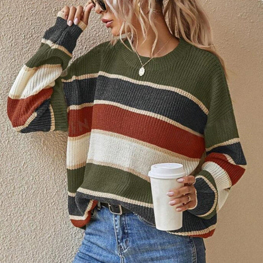 Women's 2025 Striped Color Block Sweater, Cute Crewneck Pullover Top, Fall Winter Fashion Knitwear CJ US