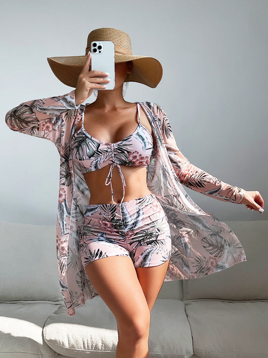 Fashionable Sexy Mesh Cover-Up with Leg-Length Briefs Three-Piece Swimwear Set for Women