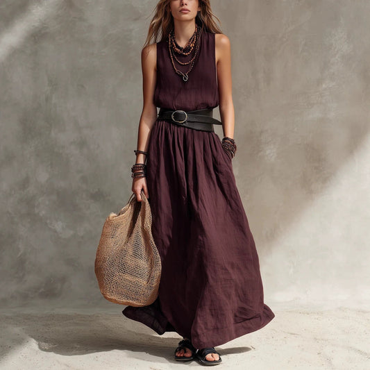 Turn-down Collar Long Sleeveless Dress