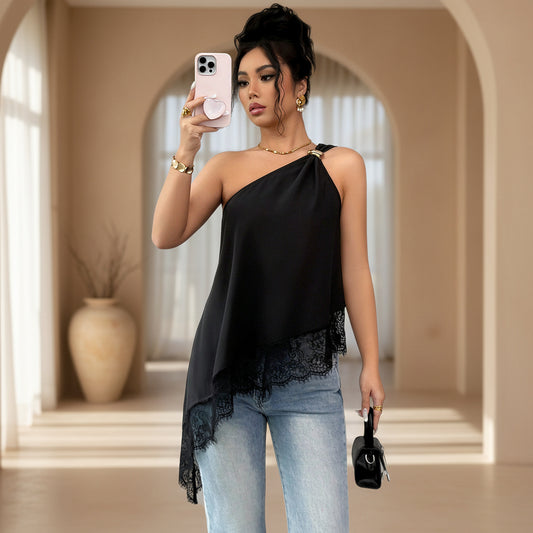Slanted shoulder metal buckle lace patchwork irregular loose vest for women