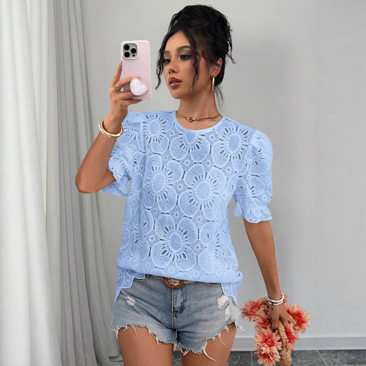 Casual Hollow-Out Lace Puff-Sleeve Shirt Top