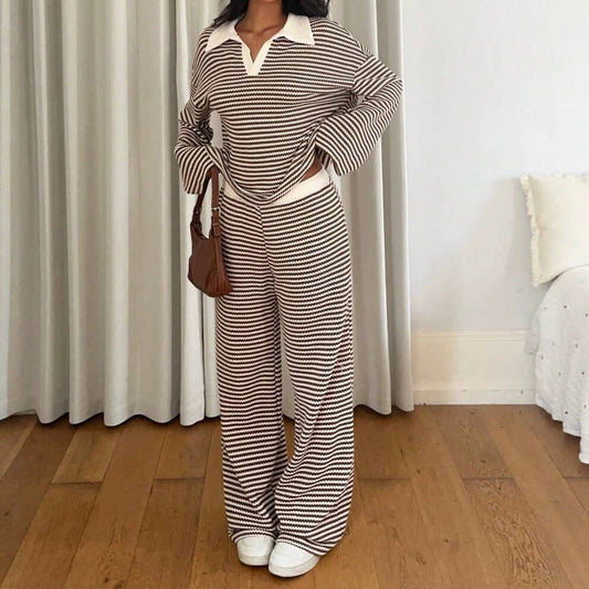 Long sleeved contrasting striped wide leg pants set