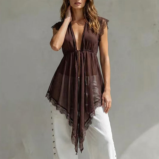Lace patchwork lace up waist cinching see through top