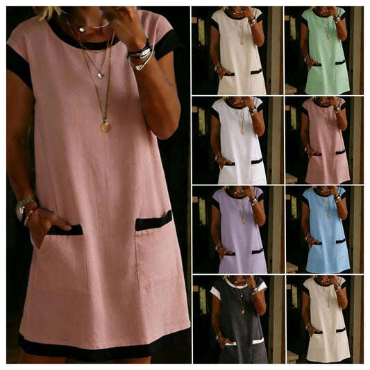 Pullover Pocket Color-Block Straight T-Shirt Mini Dress
