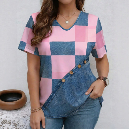 Womens Summer New V-Neck Denim Printed Short-Sleeve T-Shirt