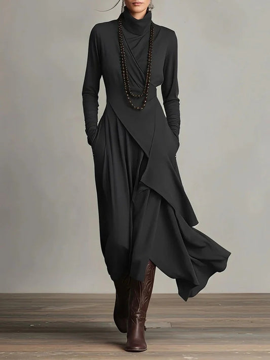 Solid Color Long Sleeve Cross Wrap High Neck Maxi Dress