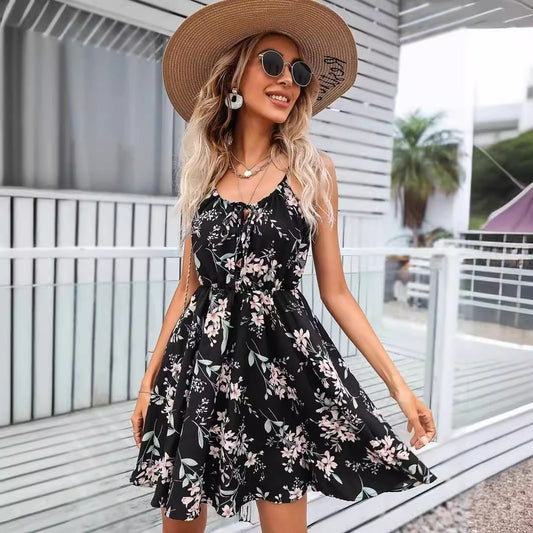 Elegant Sleeveless Printed Dress with Elastic Waist and Straps for Women