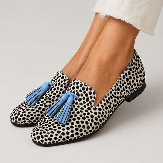 Tassel Low-heel Round Toe 40-43 Shallow Large Size Leopard Print Casual Loafers