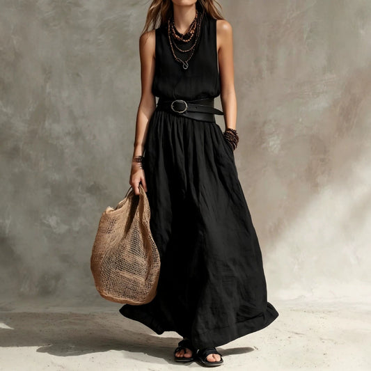Turn-down Collar Long Sleeveless Dress