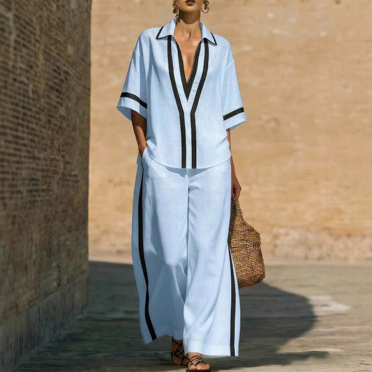 Fashionable Loose Casual Color-Block Short-Sleeve Shirt And Wide-Leg Pants Two-Piece Set