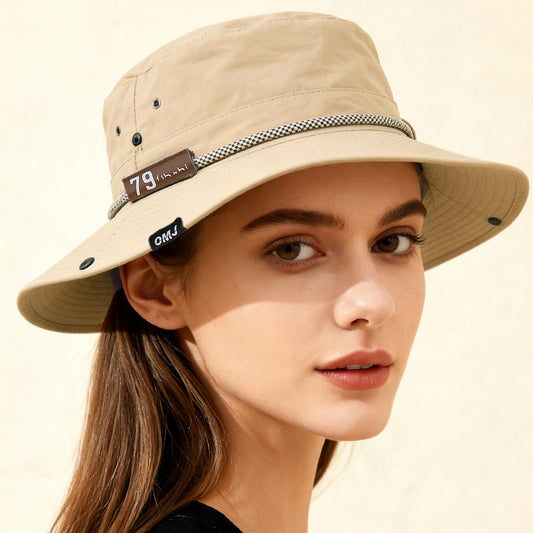 Plain-color Letter-pattern Leather Sun-protective Wide-brimmed Sunshade Outdoor Simple Style Fisherman Hat For Daily Commuting, Fishing, Mountain Climbing