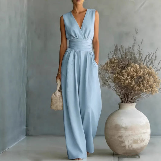 Womens Elegant Sleeveless Waist-Cinching V-Neck Sophisticated Jumpsuit