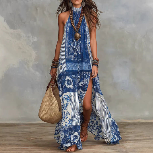 Loose-fit Printed Halterneck Split Dress