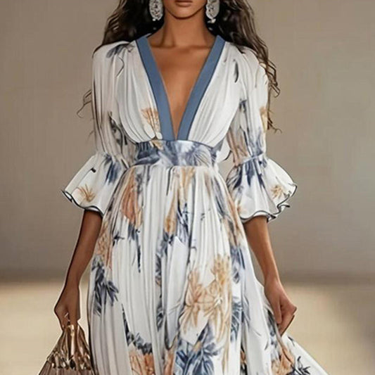 Women's Floral Print Maxi Dress With Deep V-Neck & Flare Sleeves, Elegant Flowy Wedding Guest Party Evening Dress CJ US