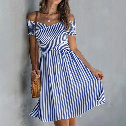 Off-the-shoulder Striped Waist-cinching Dress European And American Style