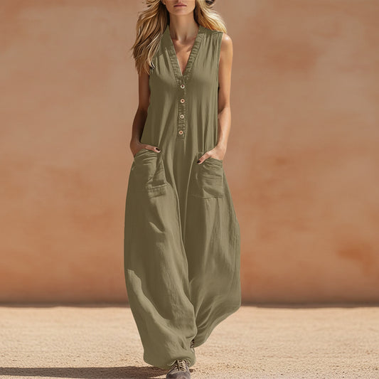 Womens Casual Linen-Cotton Sleeveless Jumpsuit With Two Pocket Straps