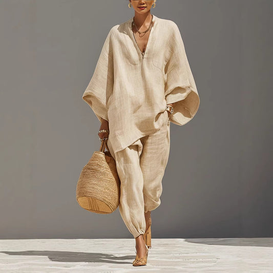 Women's Casual Loose Solid Color Shirt Set