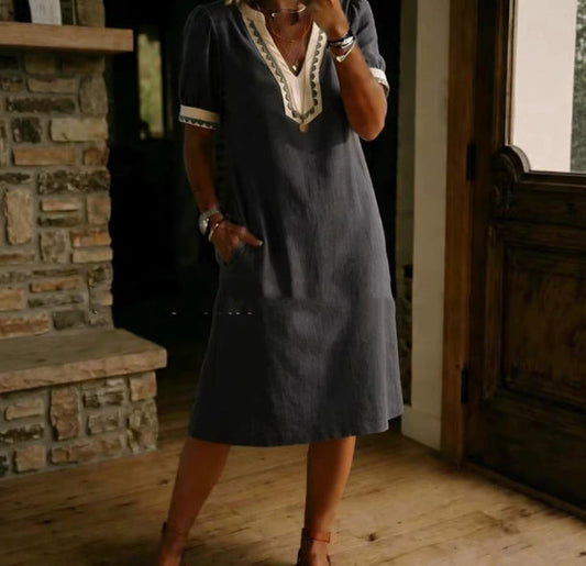 Loose-fit Patchwork Lace Cotton Short-sleeve Dress