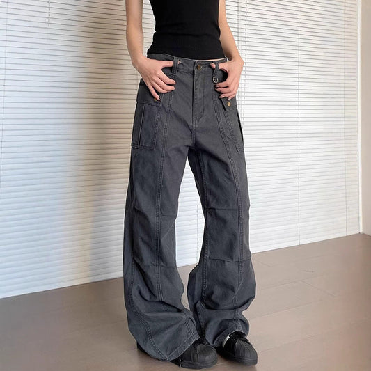 Womens Straight-Leg, Slightly Flared, 3D Slimming Washed Casual All-Match Long Pants