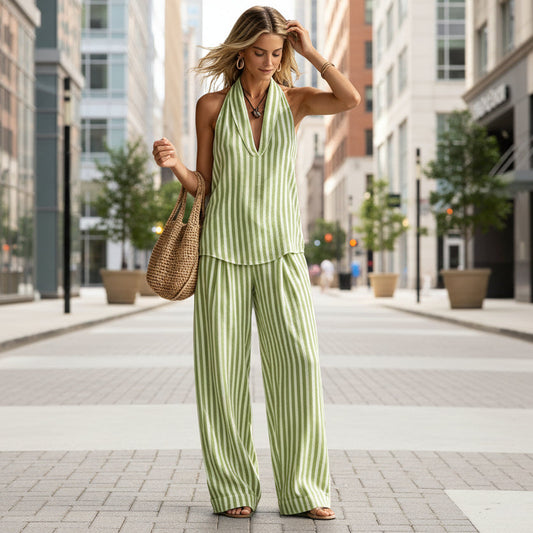 Striped Wide-leg Pants Womens Fashionable Two-piece Set